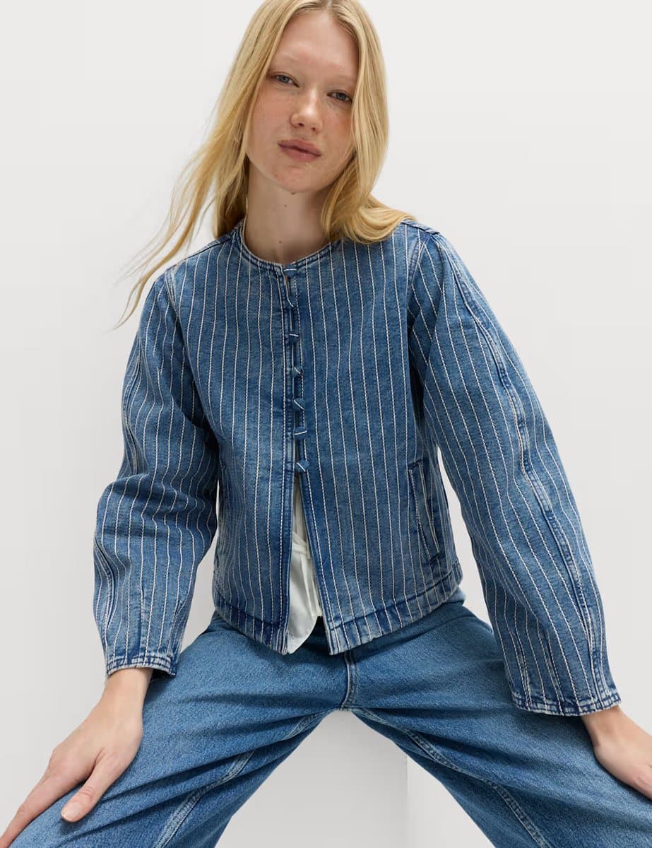 Marks & Spencer M&S Denim Striped Collarless Jacket Medium Indigo