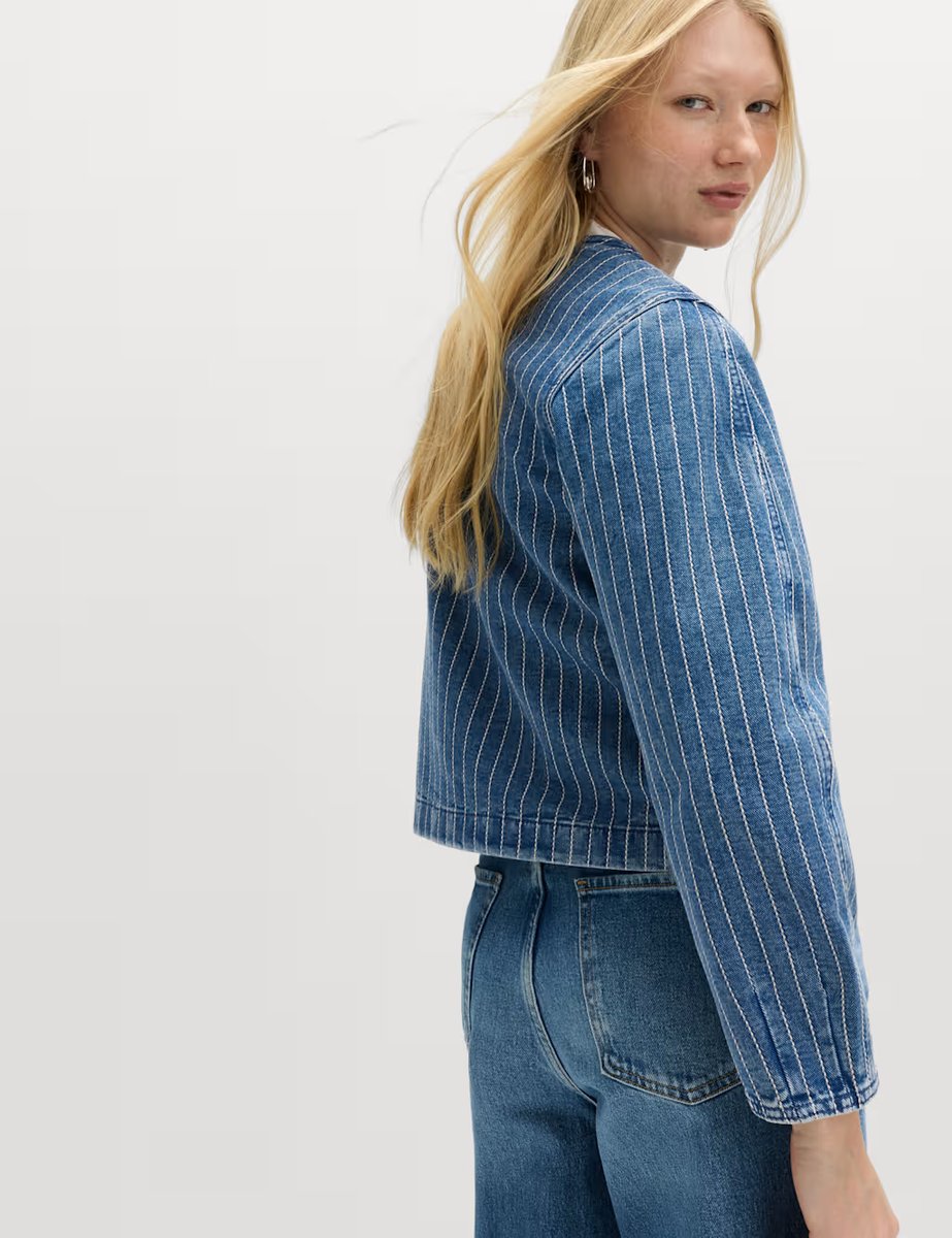 Marks & Spencer M&S Denim Striped Collarless Jacket Medium Indigo - 2