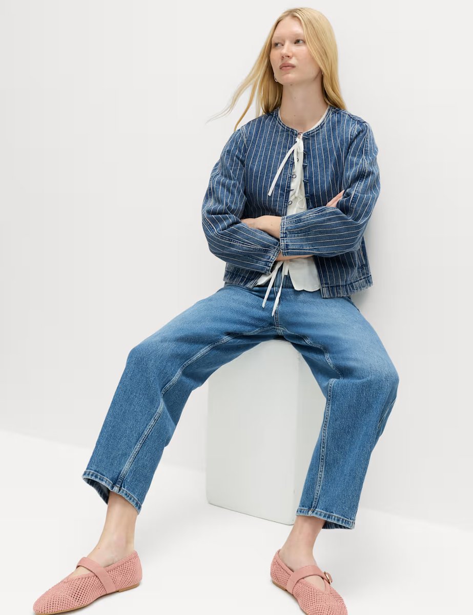 Marks & Spencer M&S Denim Striped Collarless Jacket Medium Indigo - 3