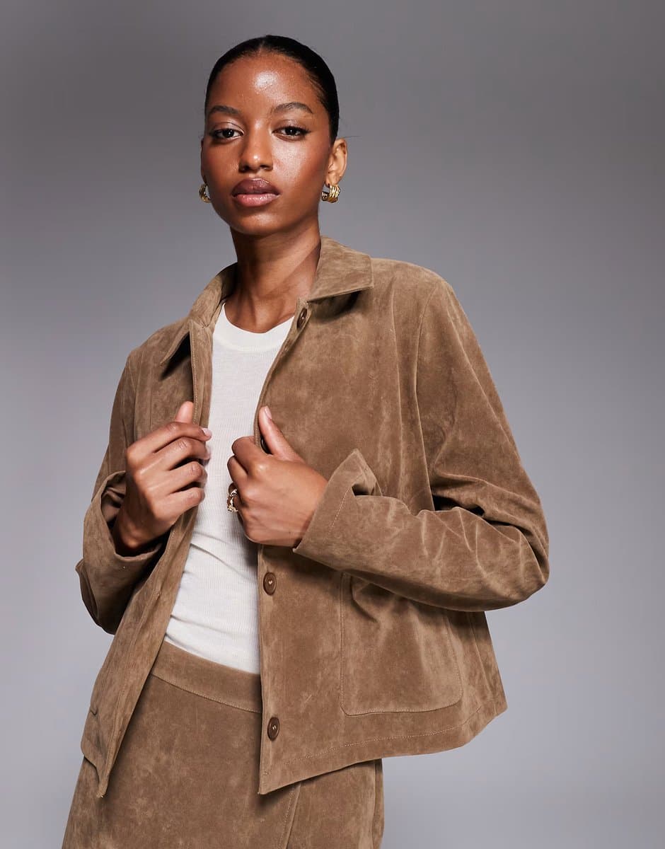 ASOS Kaiia exclusive button front pocket detail faux suede jacket co-ord in brown in tan
