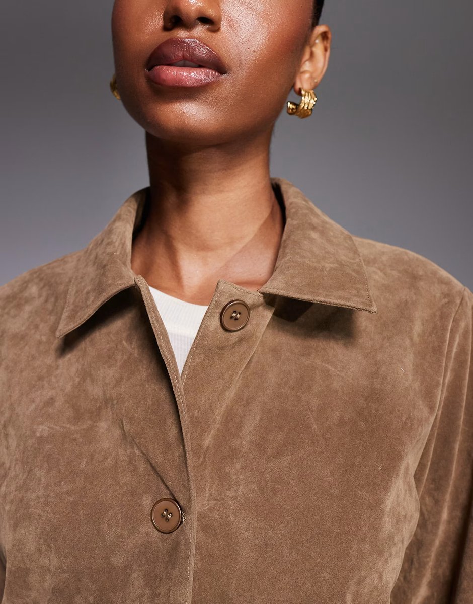 ASOS Kaiia exclusive button front pocket detail faux suede jacket co-ord in brown in tan - 4