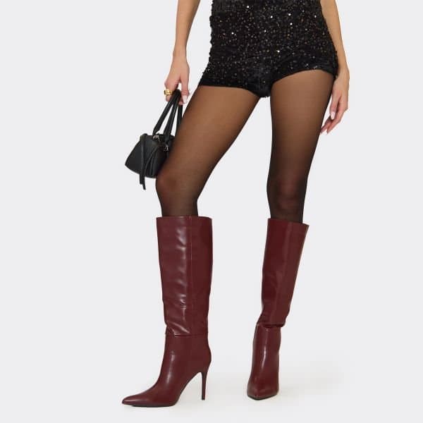 EGO Fleet Pointed Toe Stiletto Heel Knee High Long Boot In Burgundy Faux Leather, Women's Size UK 3