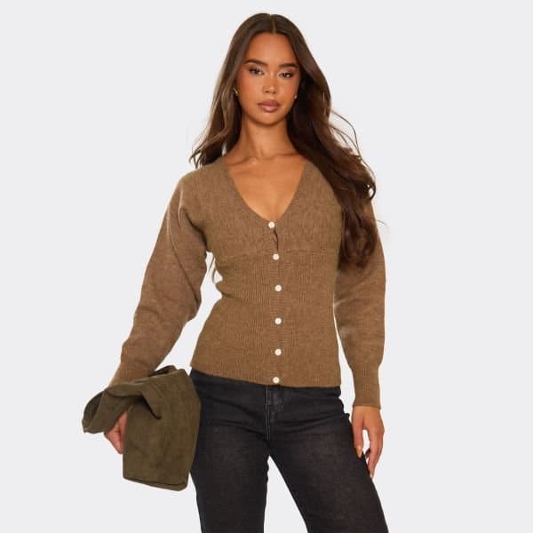 EGO EGO Long Sleeve Cinched Waist Cardigan in Brown Knit