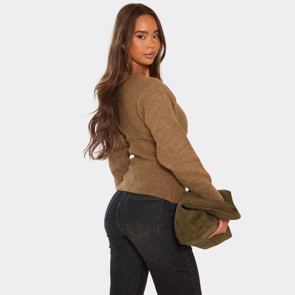 EGO Long Sleeve Cinched Waist Detail Cardigan In Brown Knit, Women's Size UK Large L - 2