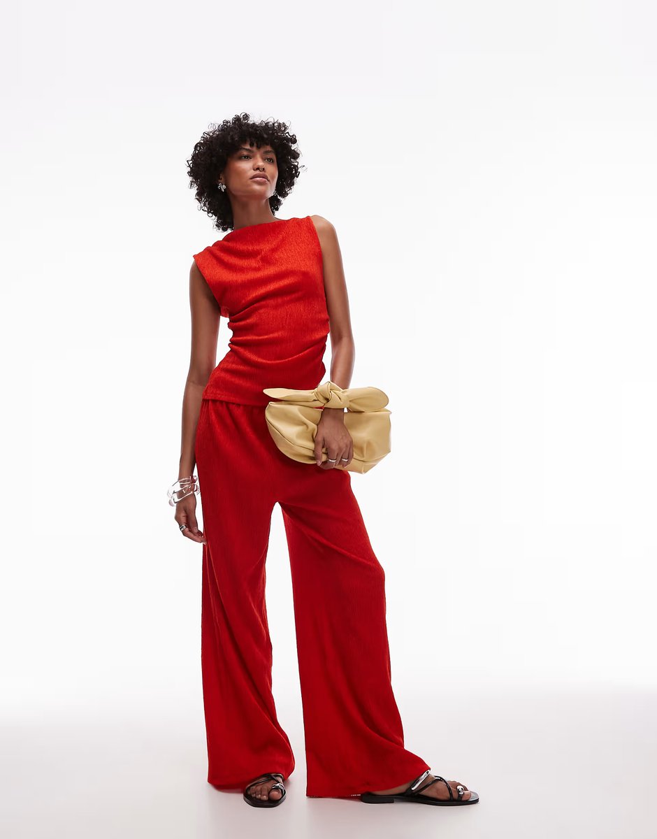 ASOS Topshop textured asymmetric ruched tank co-ord in red - 3