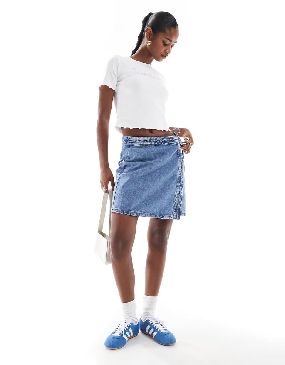 ASOS ONLY wrap denim mini skirt in light blue