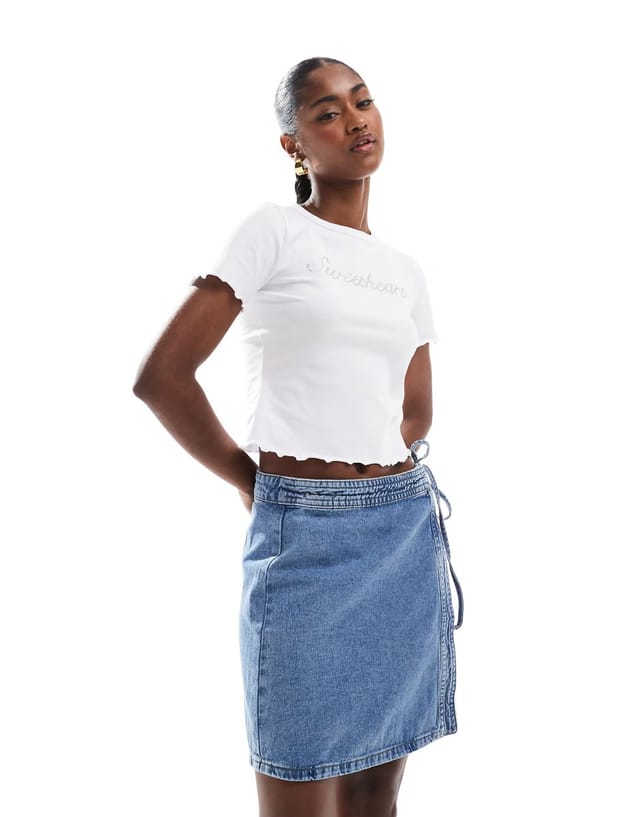 ASOS ONLY wrap denim mini skirt in light blue - 3