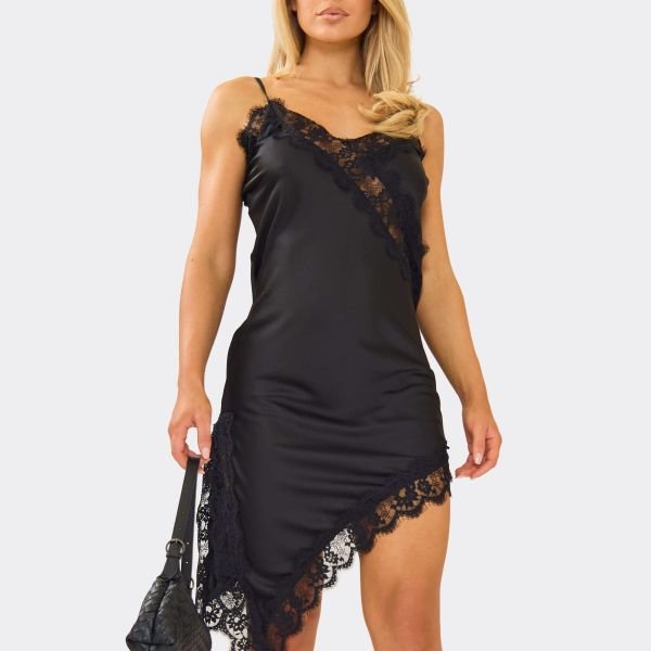 EGO Strappy Asymmetric Lace Trim Mini Dress In Black Satin, Women's Size UK Large L - 2