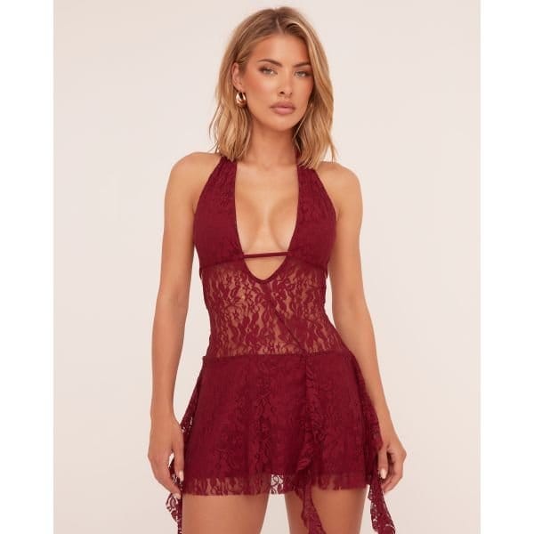 EGO Plunge Frill Detail Mini Dress In Red Lace, Women's Size UK Large L - 2