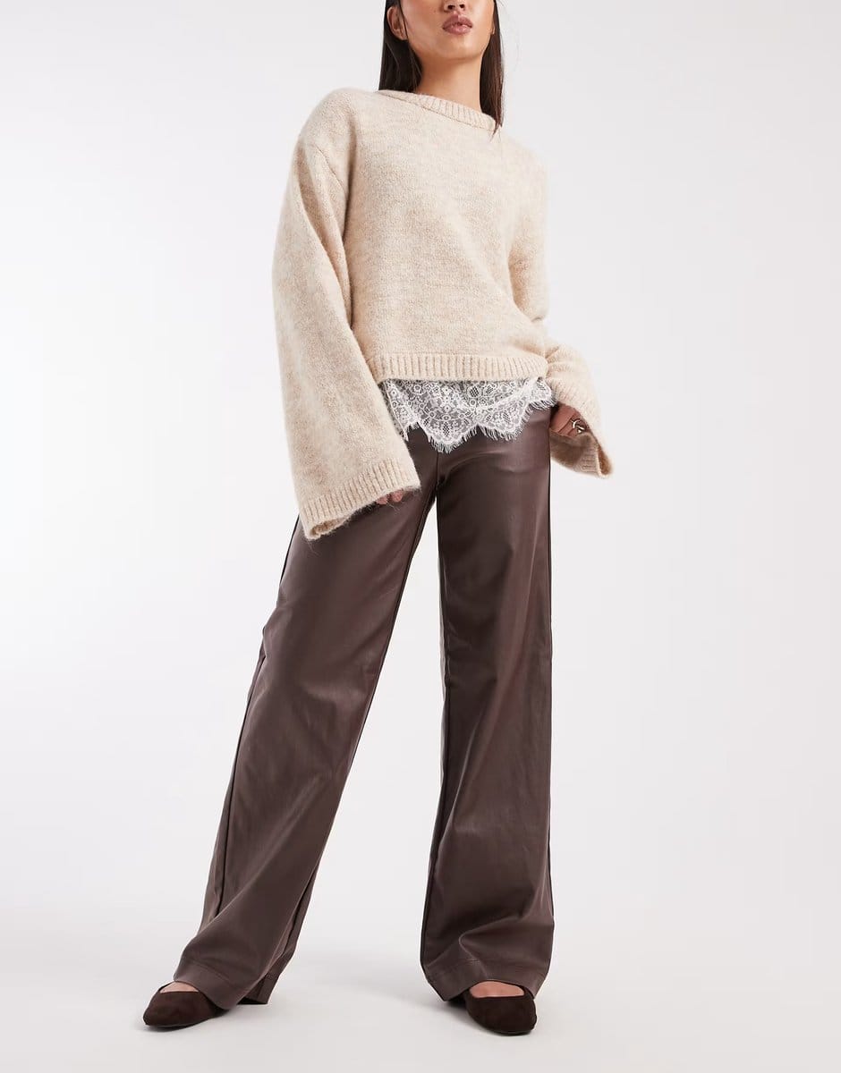 ASOS Object coated leather-look wide leg trousers in chocolate brown - 1