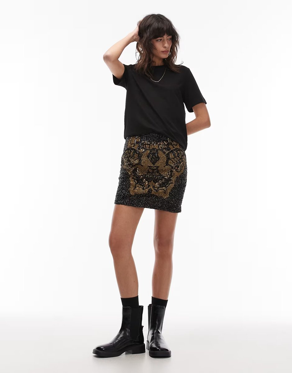 ASOS Allsaints jamilia embellished sequin skirt in black and gold - 3
