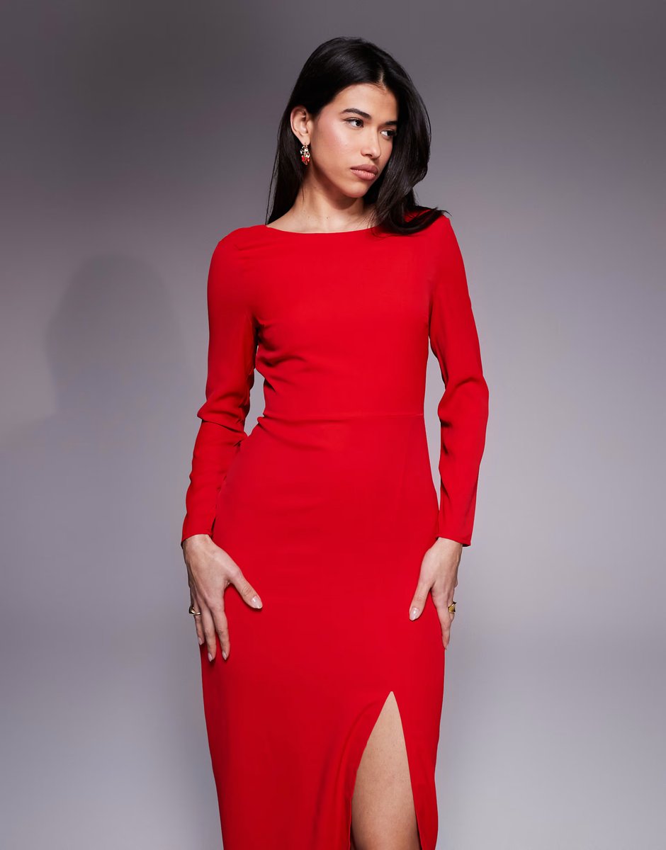 ASOS Vesper High neck low back maxi dress with long sleeves in red - 3