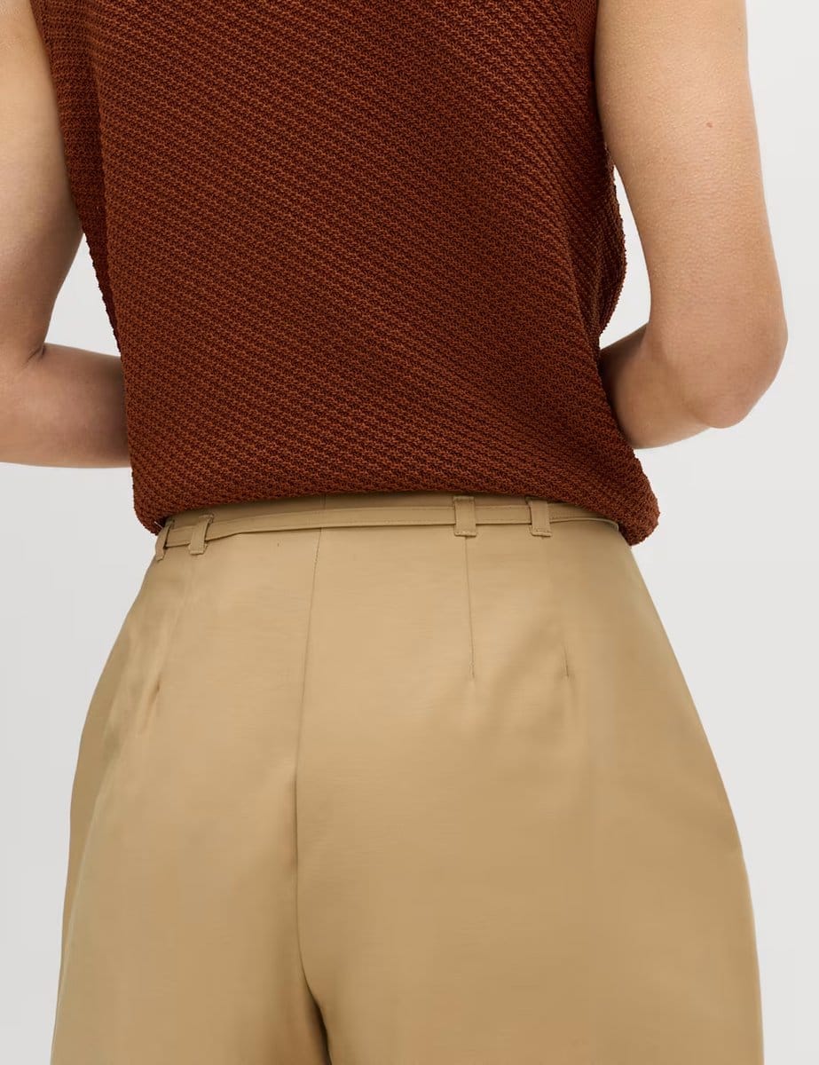 Marks & Spencer M&S Cotton Rich Belted Barrel Leg Trousers Camel - 4