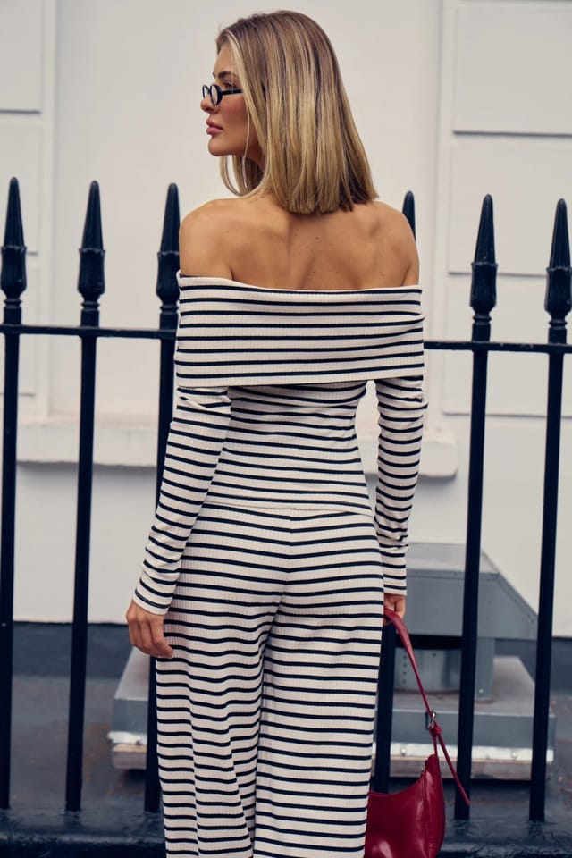 Kaiia Kaiia Striped Rib Bardot Top Black & White - 3
