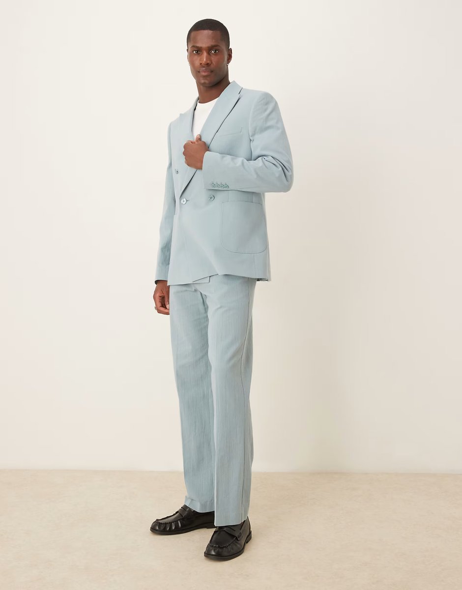 ASOS ASOS DESIGN slim double breasted suit jacket in light blue crinkle texture - 4
