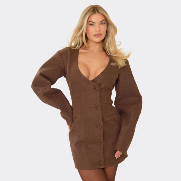 EGO Balloon Sleeve Button Front Wool Look Blazer Dress In Brown, Women's Size UK 6
