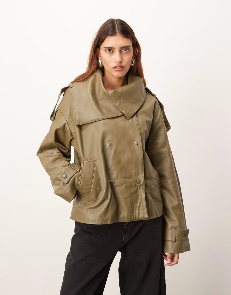 ASOS ARRANGE soft leather jacket in olive green - 3