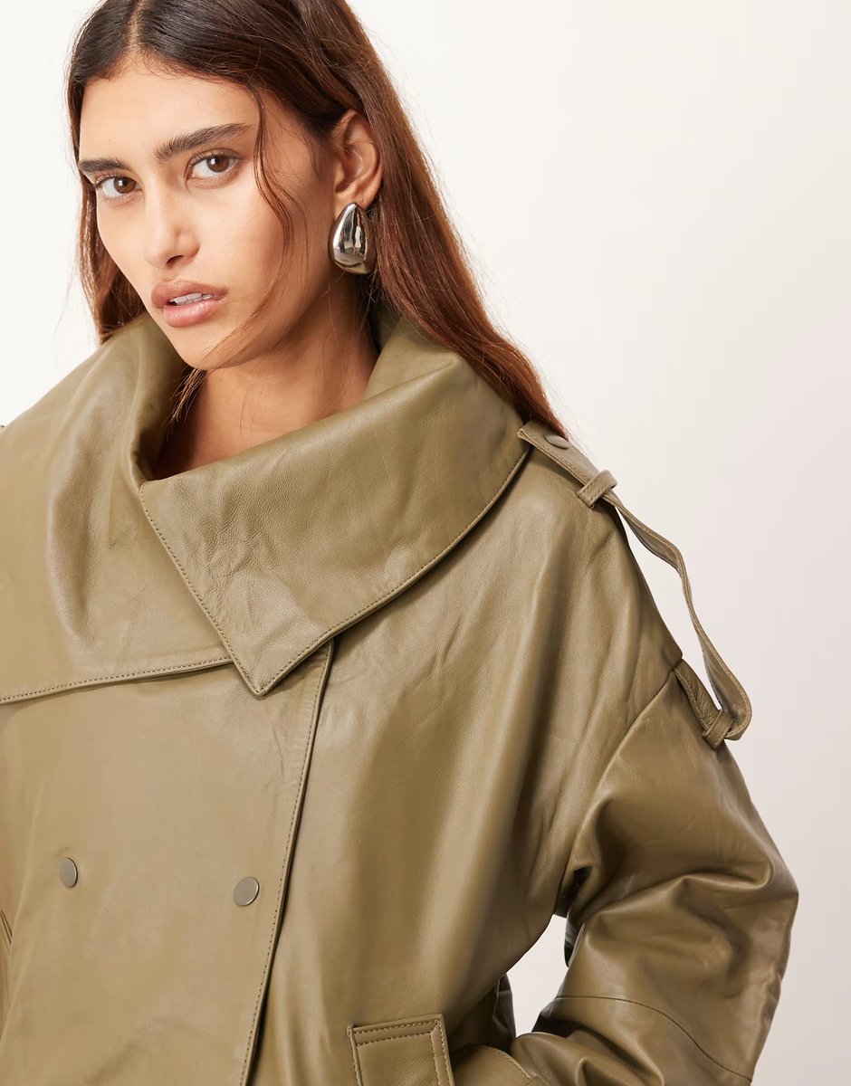 ASOS ARRANGE soft leather jacket in olive green - 4