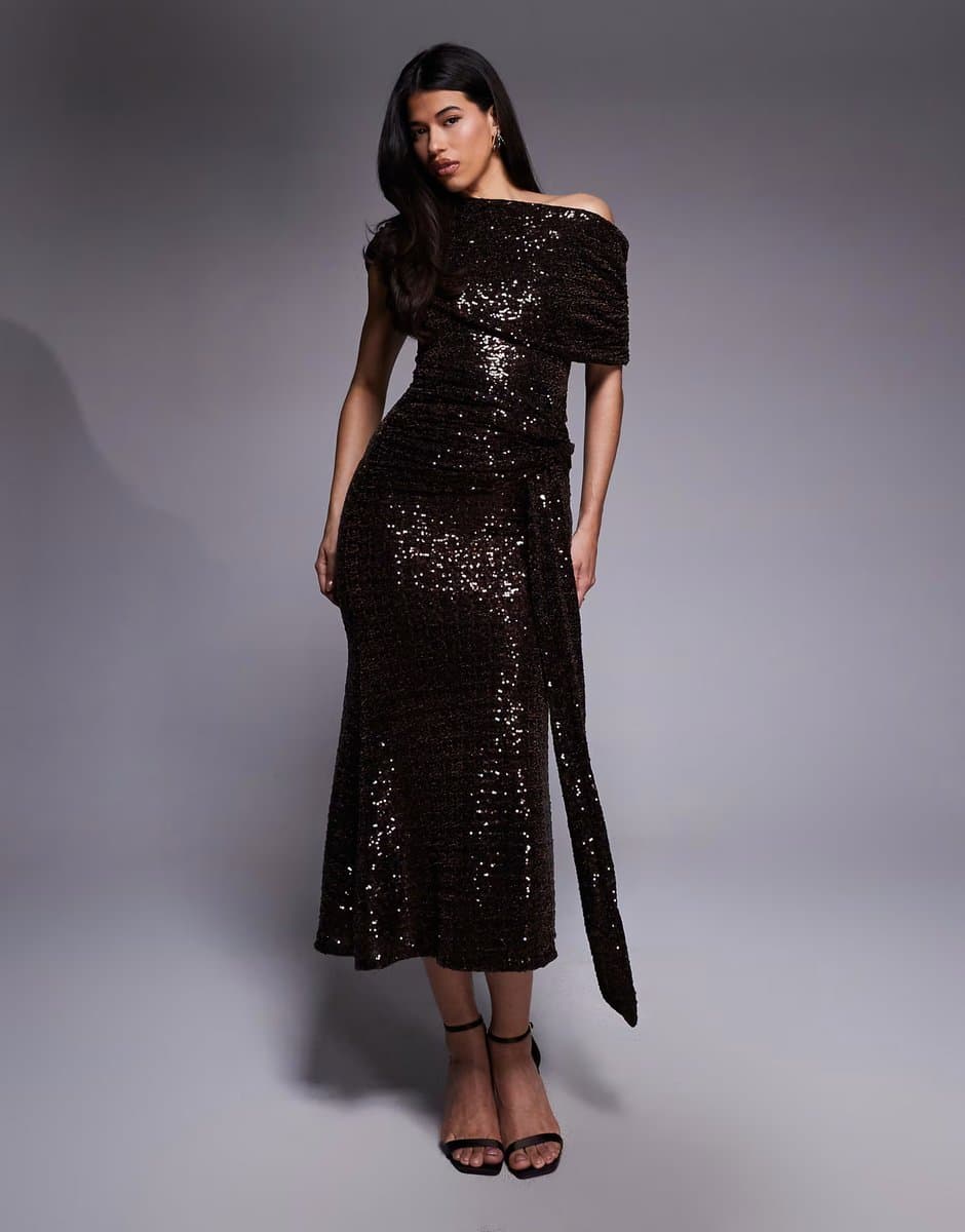 ASOS ASOS DESIGN sequin extreme ruched bodice maxi dress with drape in chocolate