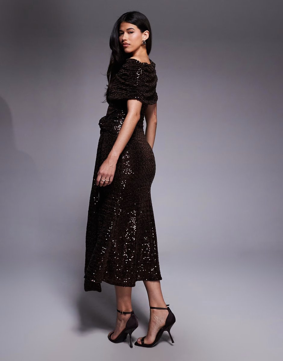 ASOS ASOS DESIGN sequin extreme ruched bodice maxi dress with drape in chocolate - 3