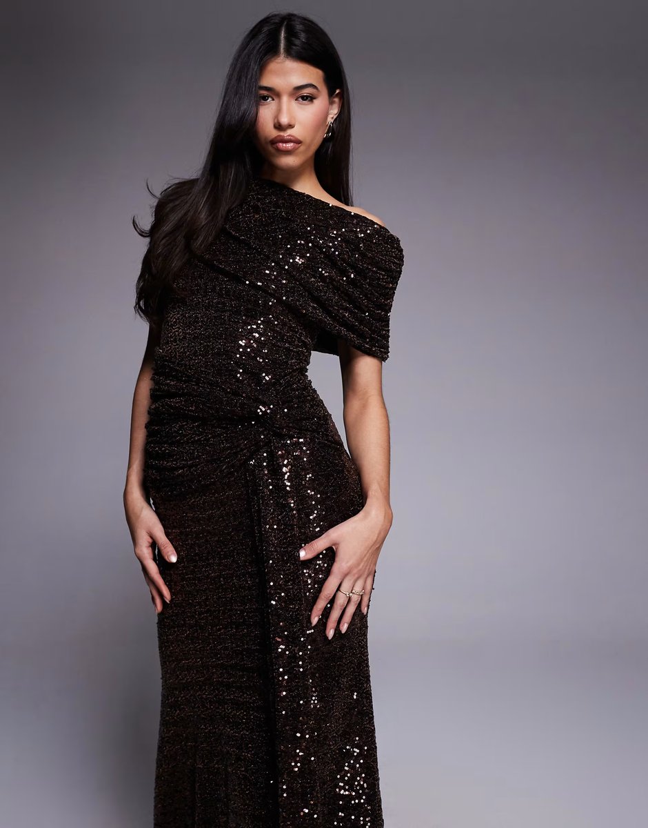 ASOS ASOS DESIGN sequin extreme ruched bodice maxi dress with drape in chocolate - 4