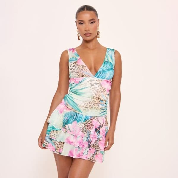 EGO Sleeveless Ruched Waist Twist Strap Detail Mini Dress In Green Abstract Print, Women's Size UK 4