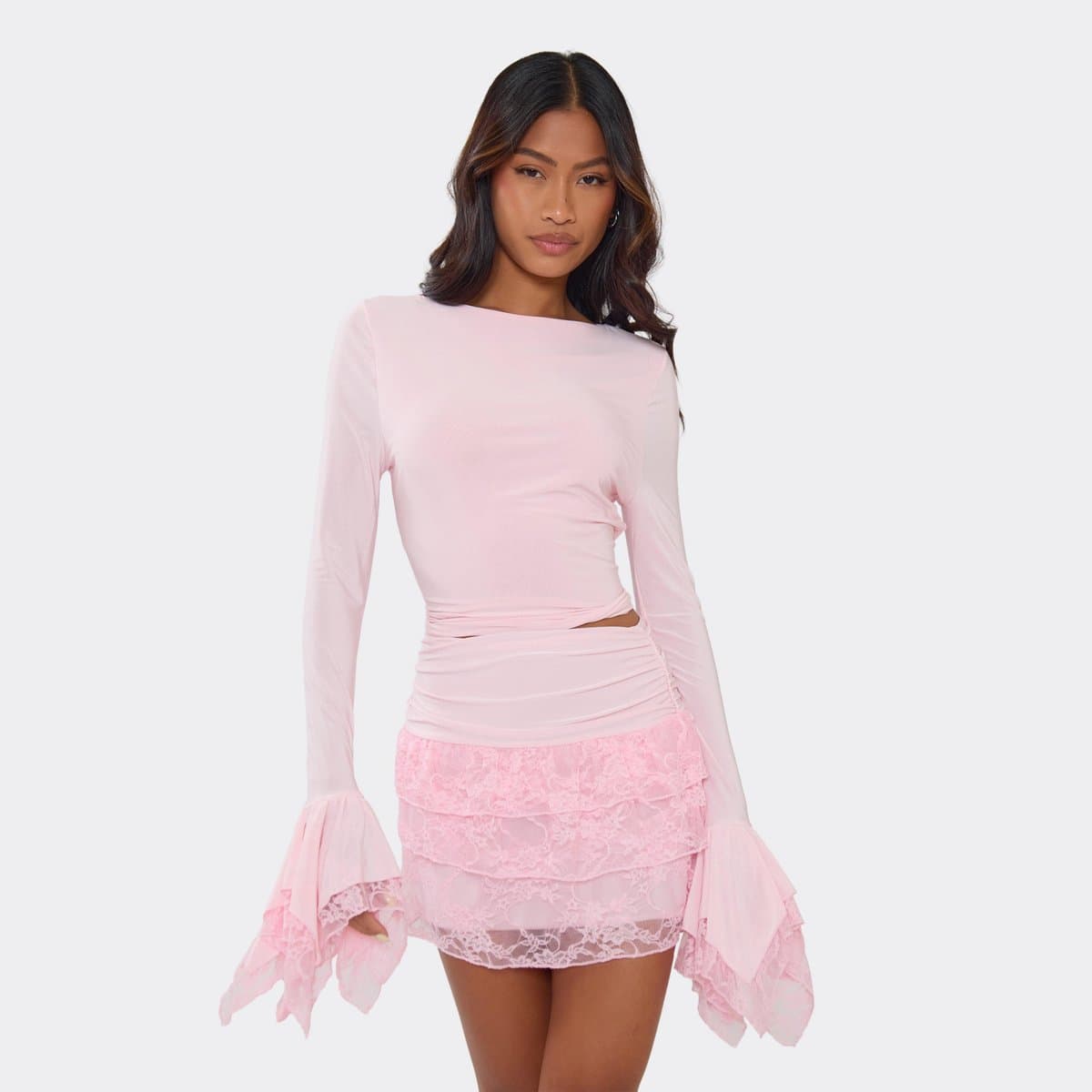 EGO EGO Long Bell Sleeve Lace Trim Top in Pink