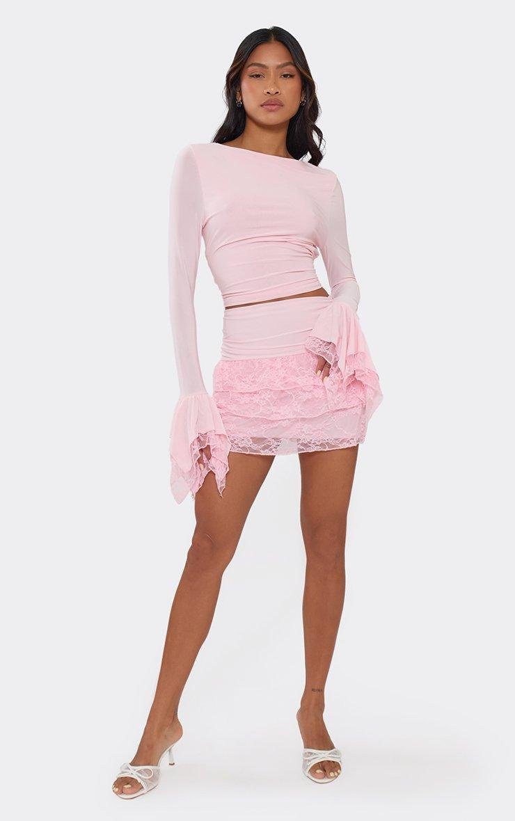 EGO Long Bell Sleeve Lace Trim Top In Pink, Women's Size UK 6 - 2