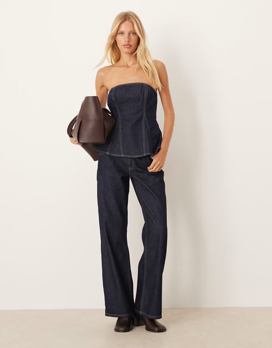 ASOS Mango denim bandeau co-ord top & jean with contrast stitch in indigo
