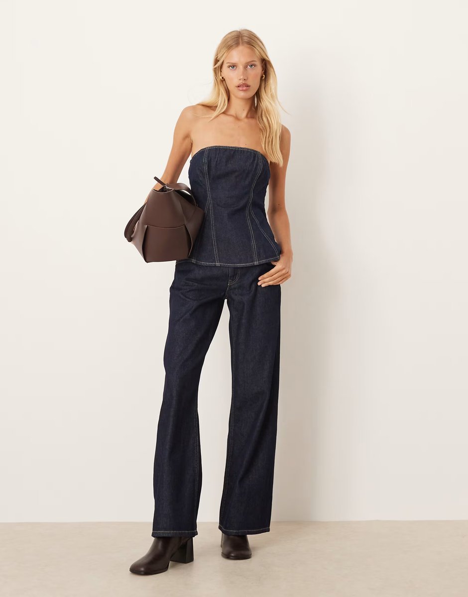 ASOS Mango denim bandeau co-ord top & jean with contrast stitch in indigo - 2