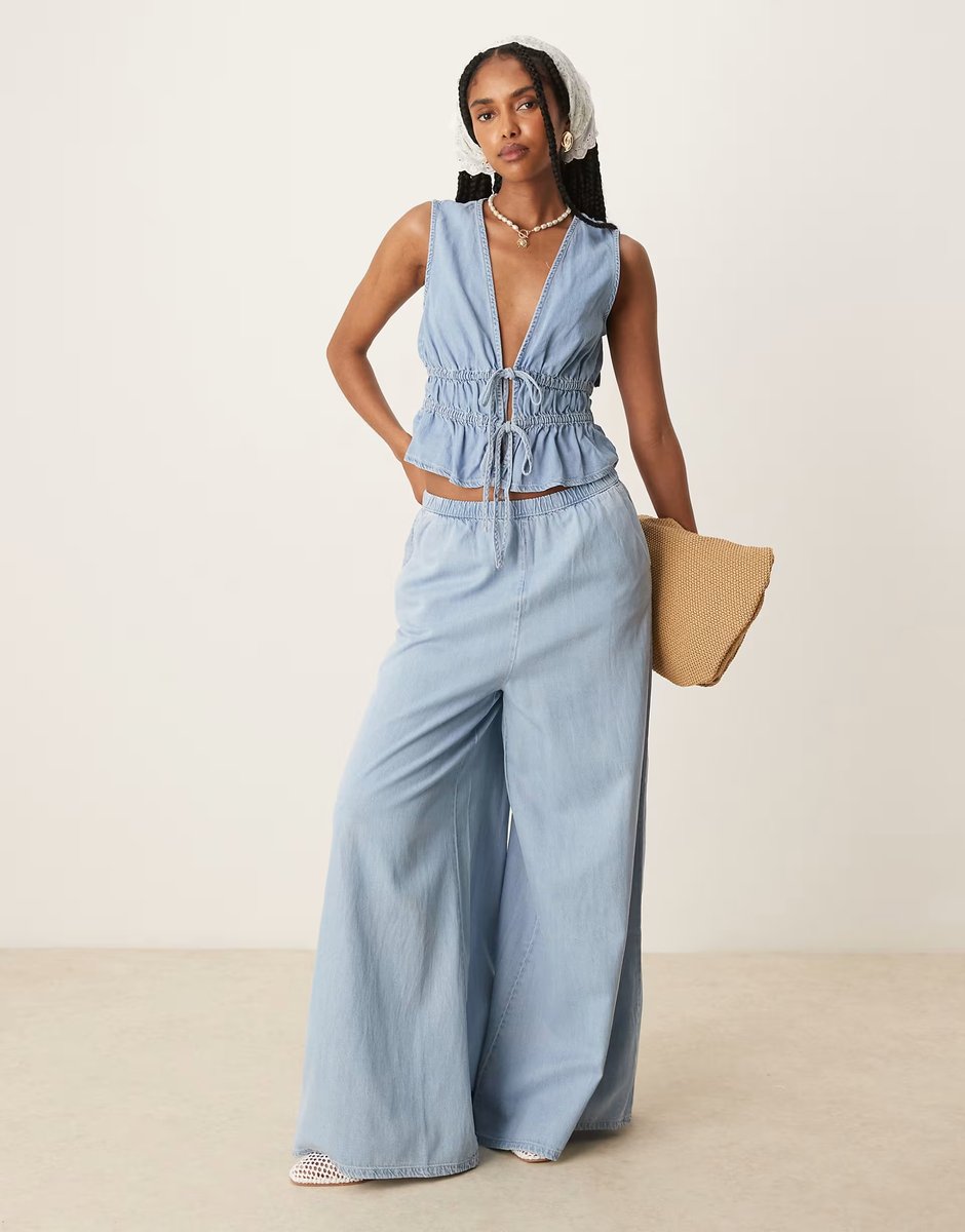 ASOS Mango denim look wide leg trouser co-ord in light blue - 3