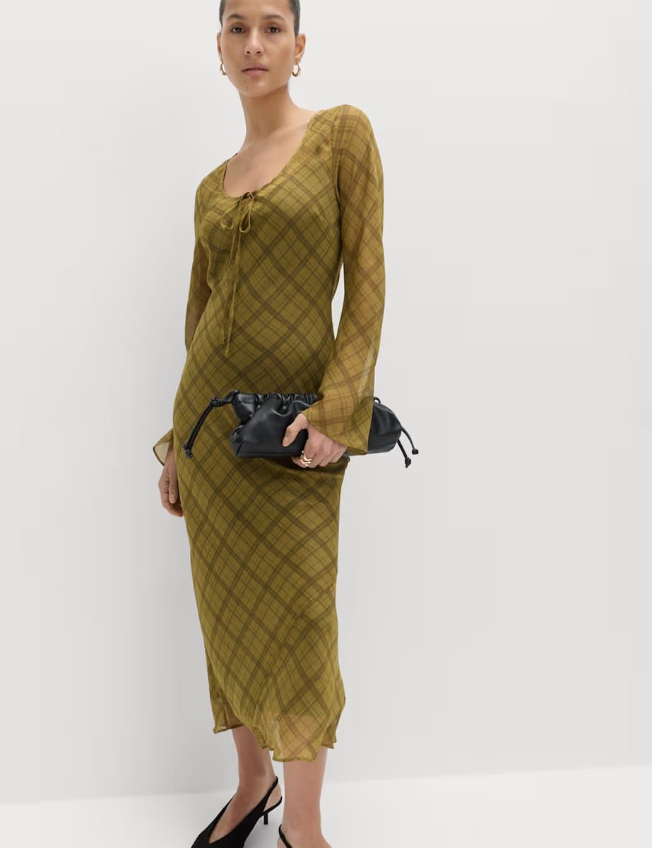 Marks & Spencer M&S Checked Scoop Neck Long Sleeve Midaxi Column Dress Green Mix