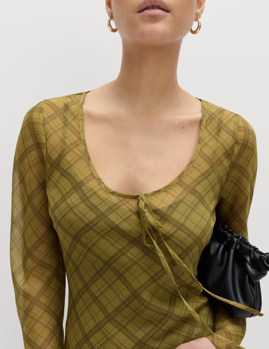 Marks & Spencer M&S Checked Scoop Neck Long Sleeve Midaxi Column Dress Green Mix - 2