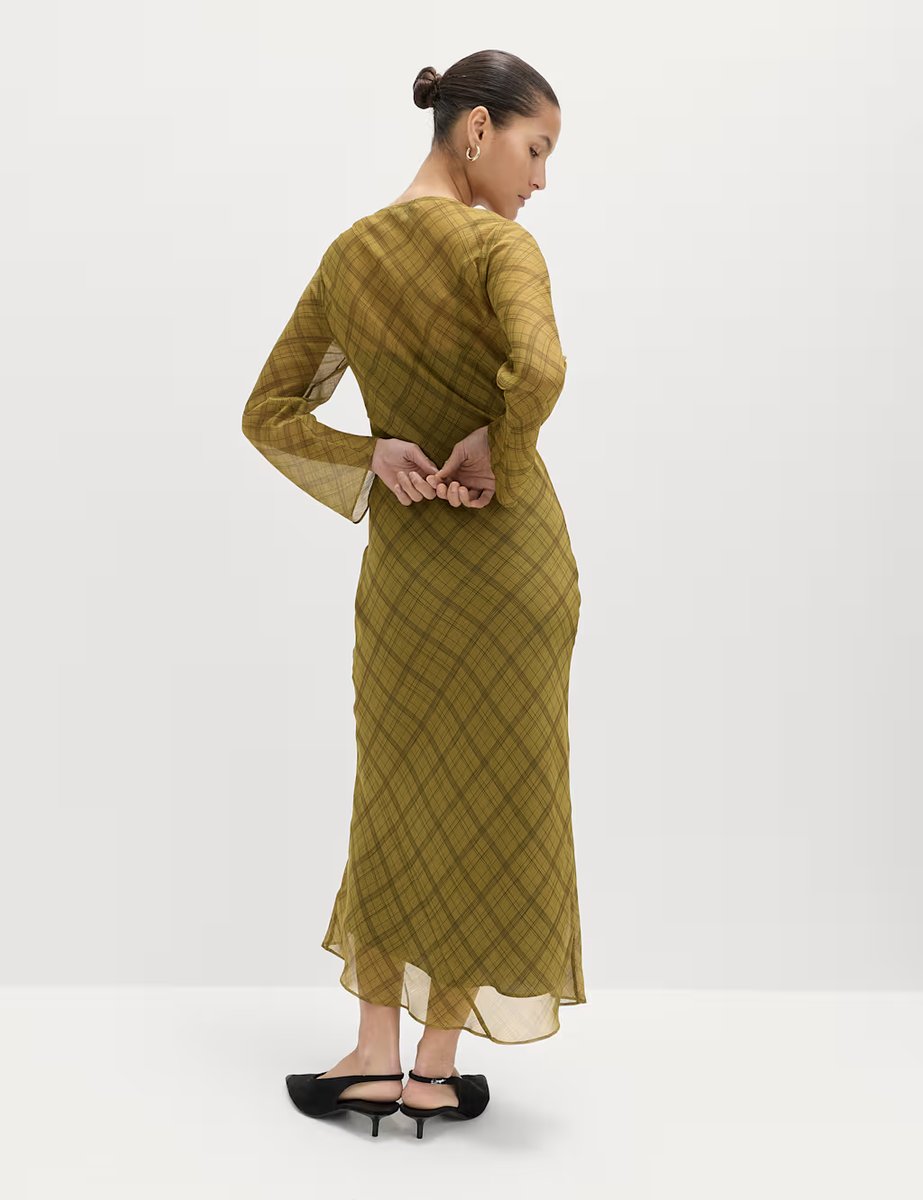 Marks & Spencer M&S Checked Scoop Neck Long Sleeve Midaxi Column Dress Green Mix - 4