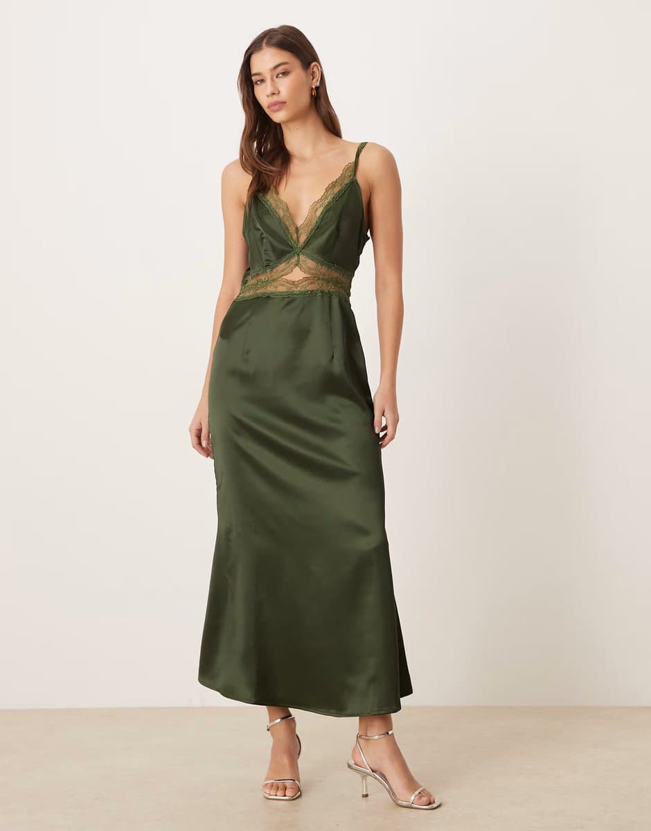 ASOS Never Fully Dressed Mimi satin slip midaxi dress in green