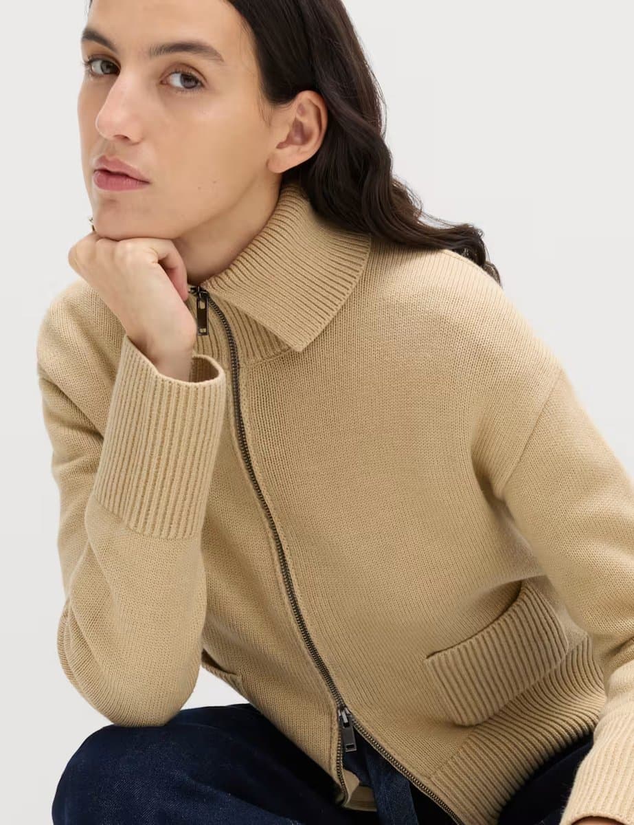 Marks & Spencer M&S Collared Knitted Jacket with Pocket Detail in Sandstone