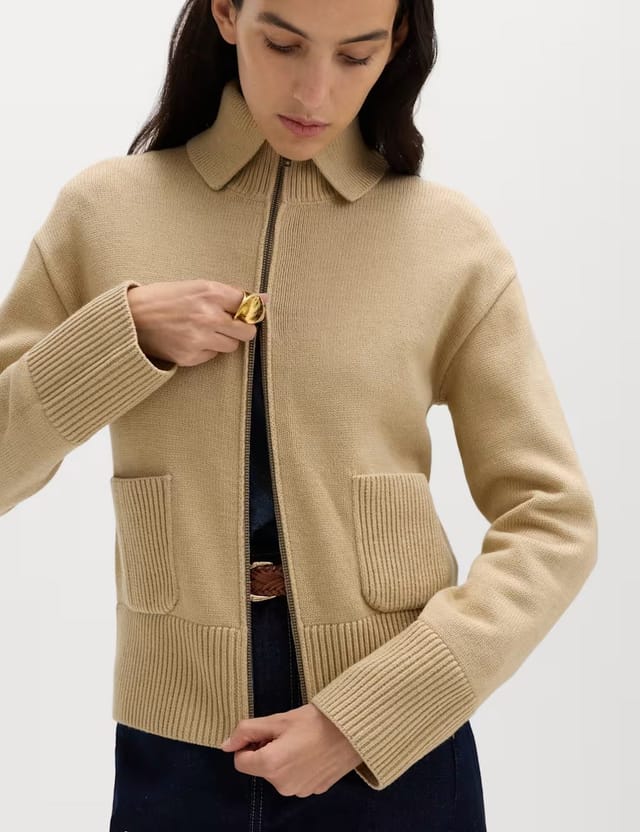 Marks & Spencer M&S Cotton Rich Pocket Detail Collared Knitted Jacket Sandstone - 3