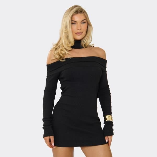 EGO Bardot Scarf Detail Mini Dress In Black Rib, Women's Size UK 6