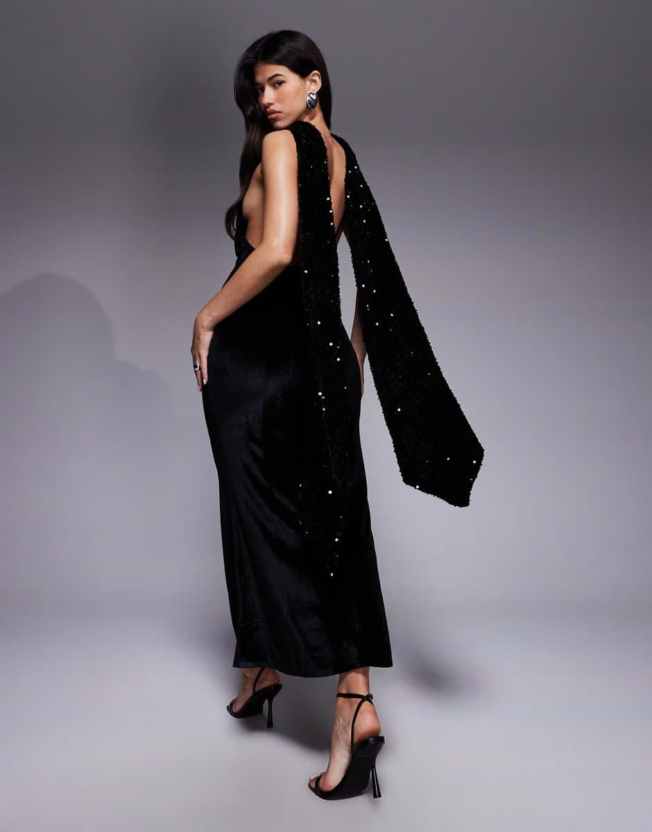 ASOS ASOS DESIGN velvet sequin maxi dress with scarf detail and open back in black