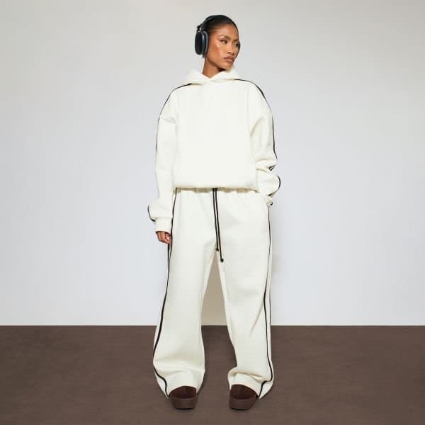 EGO Heavyweight Low Rise Drawstring Contrast Stripe Wide Leg Joggers In Cream, Women's Size UK 6