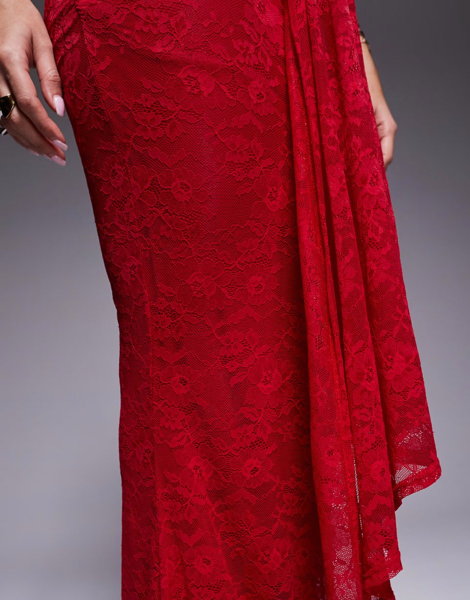 ASOS Murci exclusive lace mesh drape detail fishtail maxi skirt co-ord in red - 2