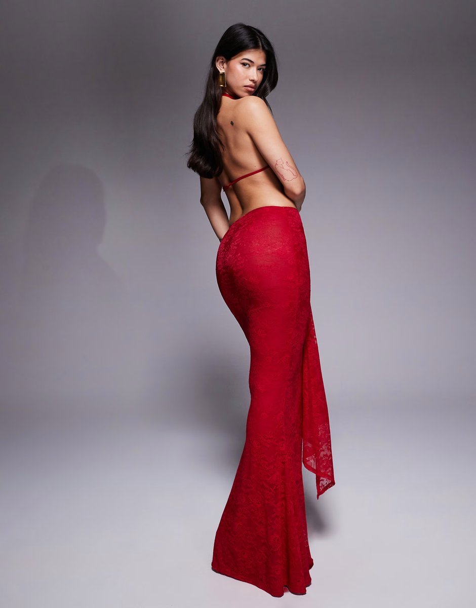 ASOS Murci exclusive lace mesh drape detail fishtail maxi skirt co-ord in red - 3