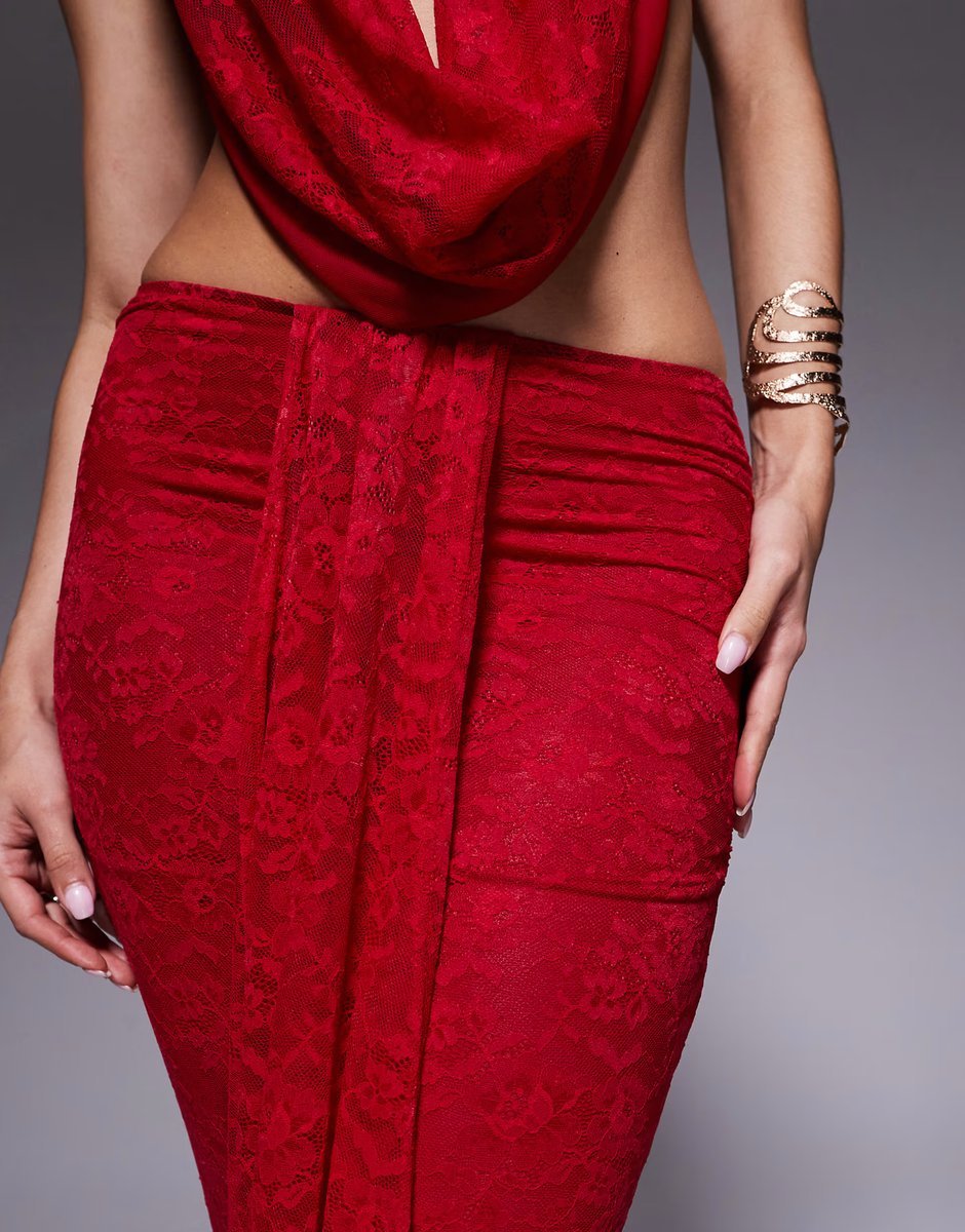ASOS Murci exclusive lace mesh drape detail fishtail maxi skirt co-ord in red - 4