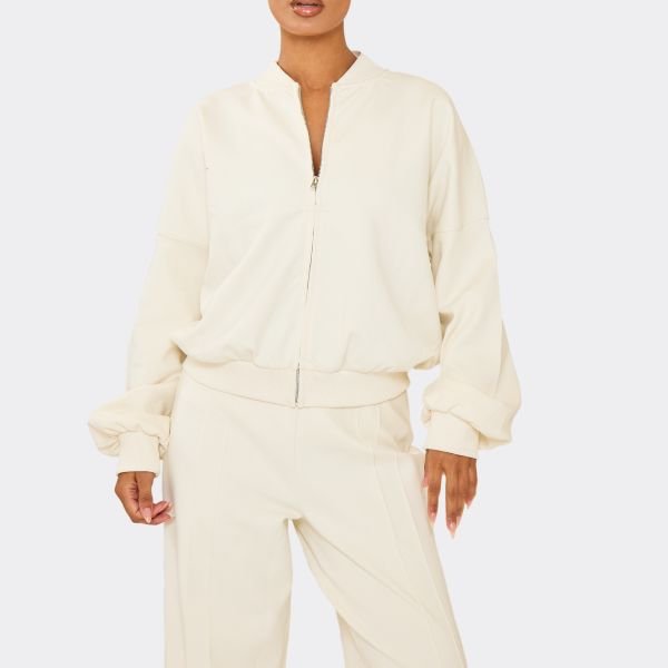 EGO Oversized Bomber Jacket In Cream Interlock, Women's Size UK 10 - 2