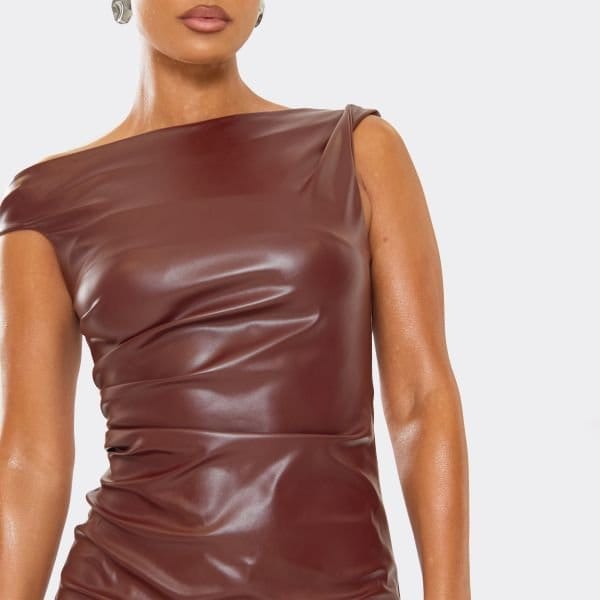 EGO Asymmetric Strap Ruched Mini Bodycon Dress In Chocolate Brown Faux Leather, Women's Size UK 6 - 2