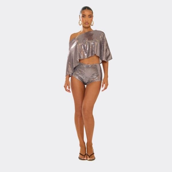 EGO EGO High Rise Hot Pants in Brown Metallic Sequin