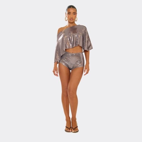 EGO High Rise Hot Pants In Brown Metallic Sequin, Women's Size UK 6 - 1