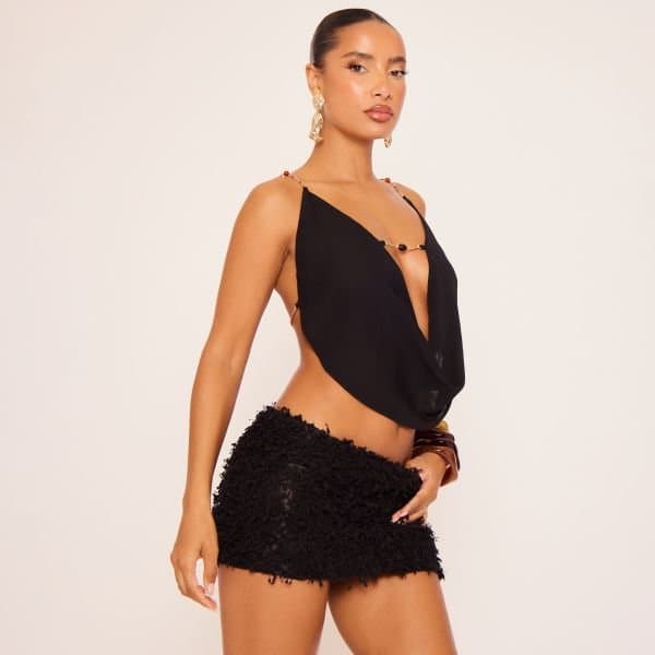 EGO EGO Cowl Halterneck Beaded Strap Top in Black Mesh