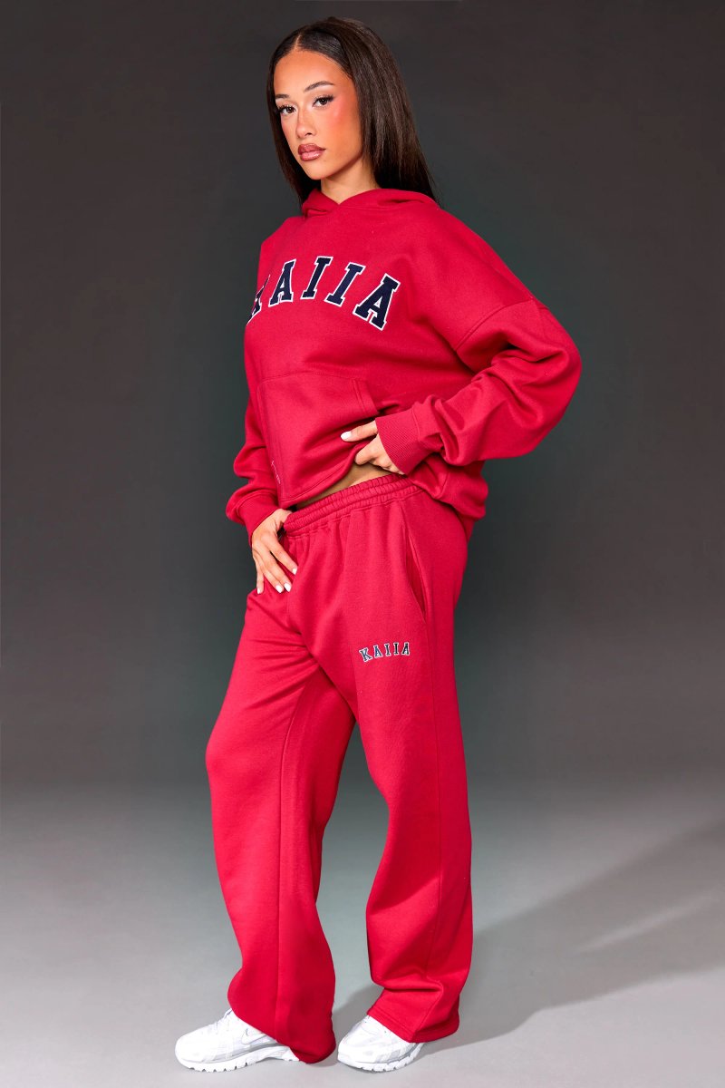 Kaiia Kaiia Slogan High Waisted Wide Leg Joggers Red & Navy - 2
