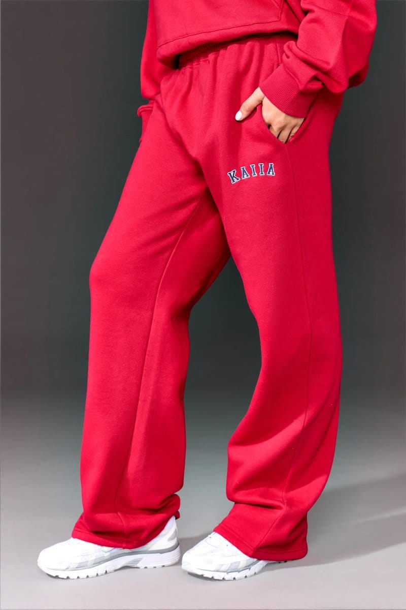 Kaiia Kaiia Slogan High Waisted Wide Leg Joggers Red & Navy - 4